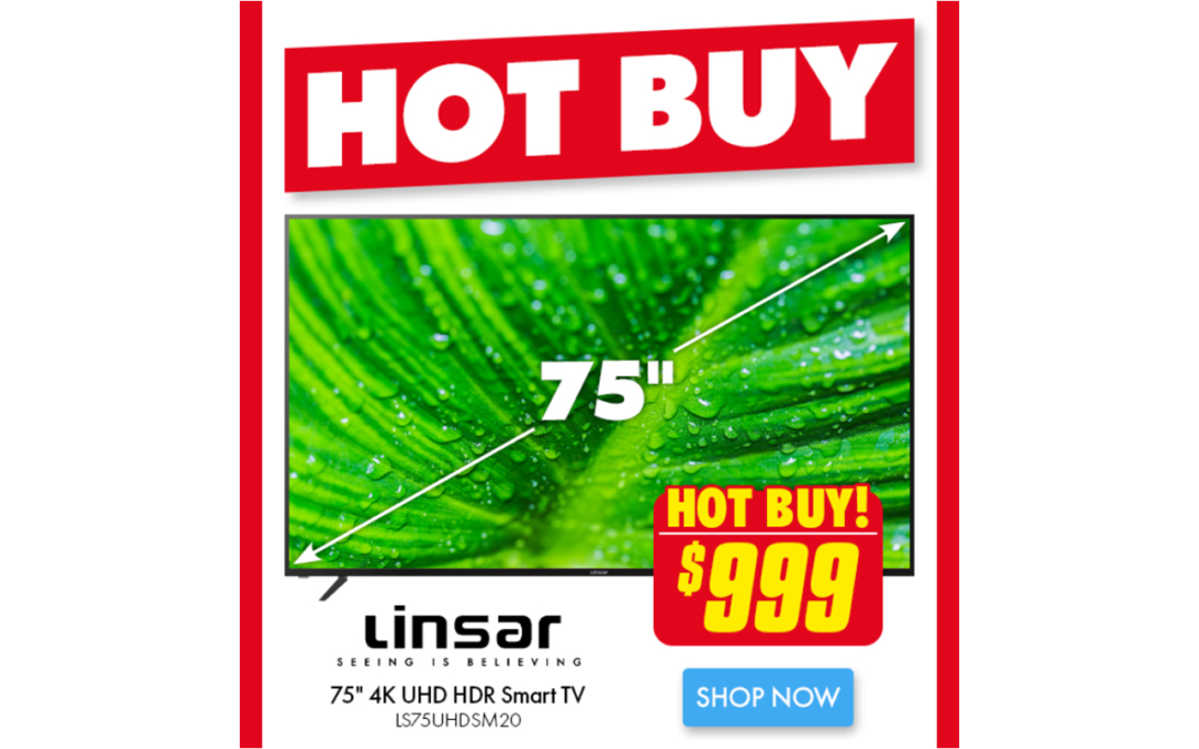 Linsar 75″ 4K UHD HDR Smart TV is Hot Buy in The Good Guys at $999.